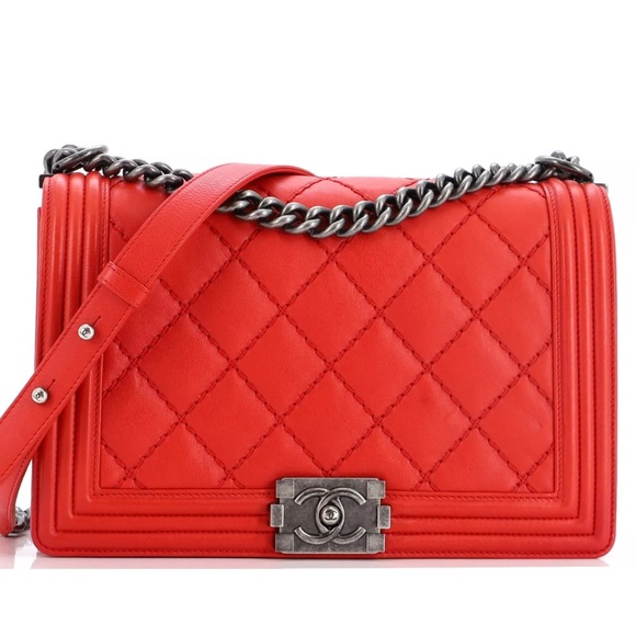CHANEL BOY Chain Wild Stitch Quilted Shoulder Bag Red Medium 3 Chanel wallets - Picture 1 of 14